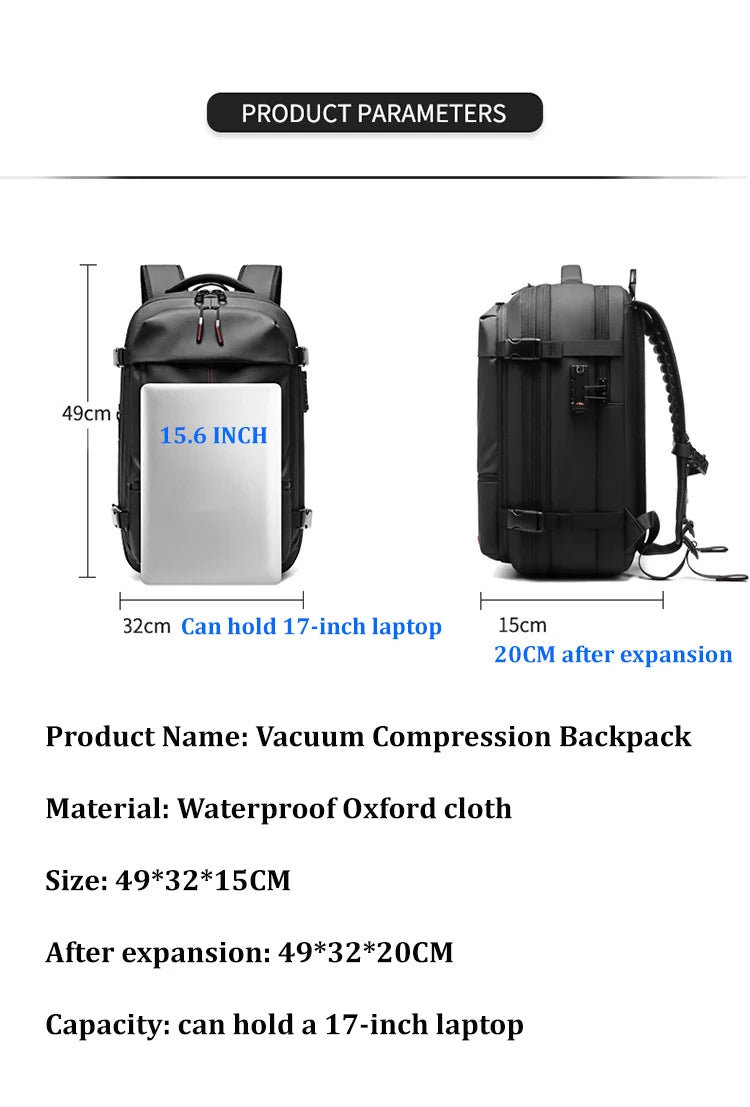 Sac à Dos de Voyage Compressible 36–55L – Compartiment Sous Vide