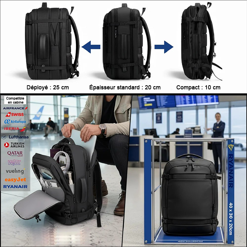 Sac à dos de voyage cabine extensible - Grande capacité 30L