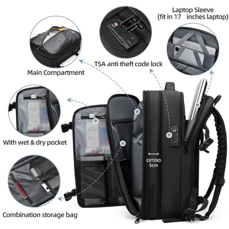 Sac à Dos de Voyage Compressible 36–55L – Compartiment Sous Vide